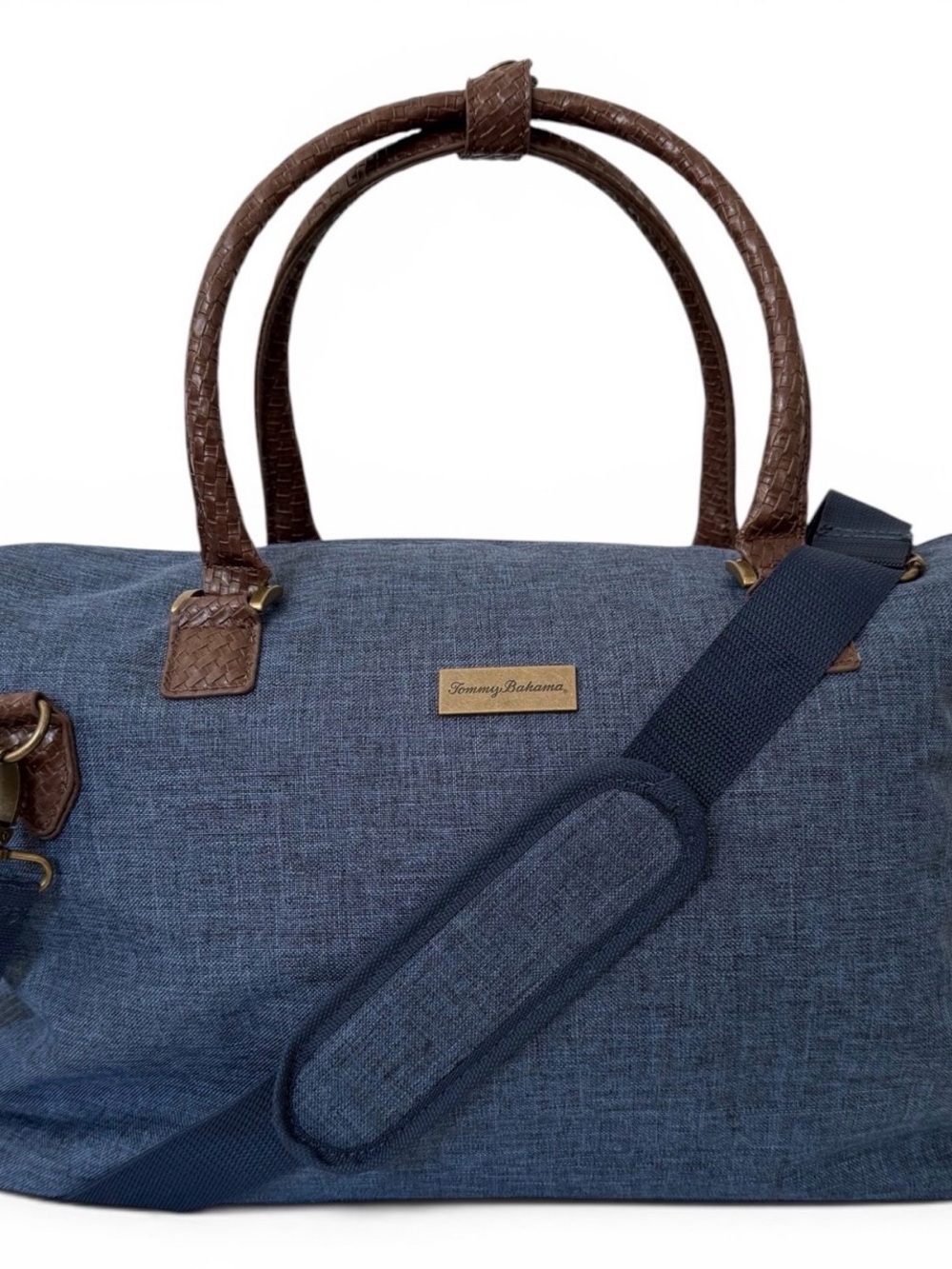 Tommy bahama Canbas Blue Travel Duffel Bag with Brown Trim